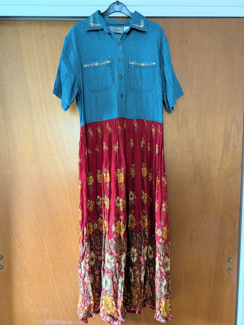 Vintage Cottagecore 90s Denim-Look Top Floral Fall Maxi Dress